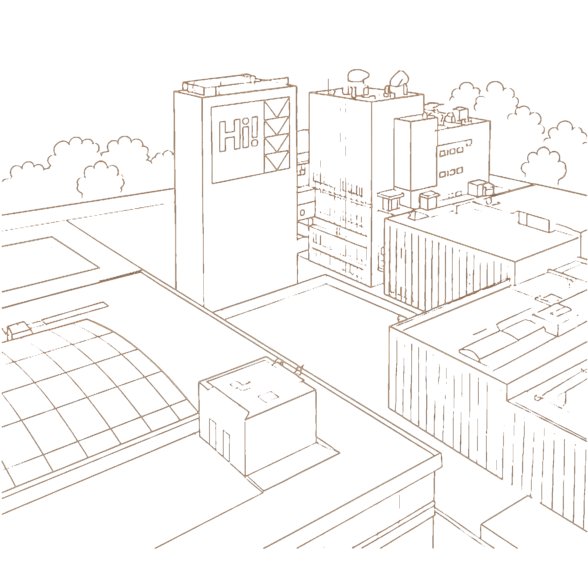 Line-art sketch of the Hi-Site site, the former Douwe Egberts factory in Grimbergen